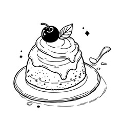 Delightful Hand-Drawn Cake Illustration with Creamy Topping and a Shiny Cherry Making it Appetizing