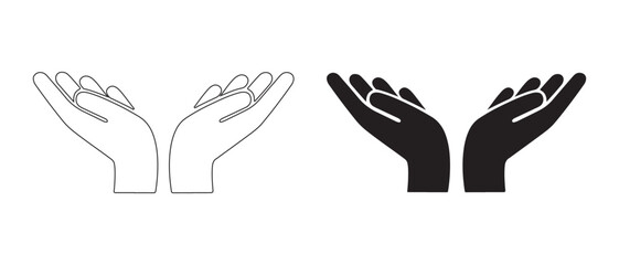 Open hands icons. isolated on white background, one in black and one in white.