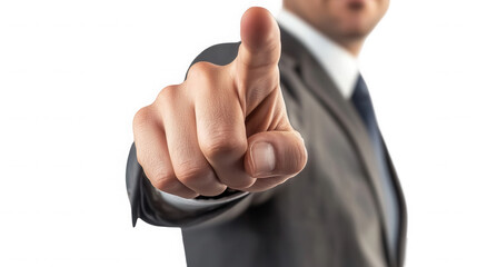 A person in a suit pointing directly at the viewer with a focused and determined expression on their face on transparent background