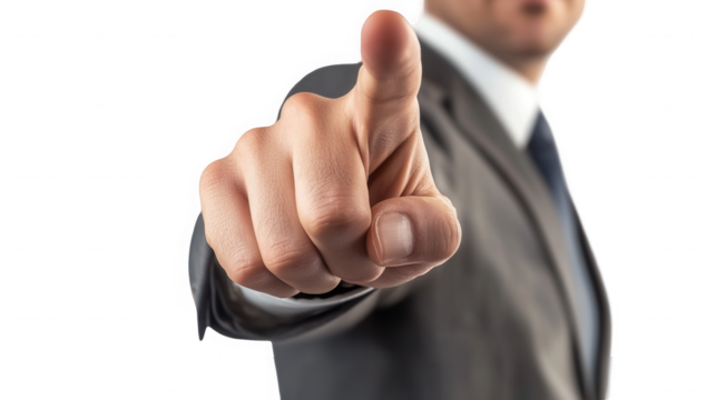 A person in a suit pointing directly at the viewer with a focused and determined expression on their face on transparent background