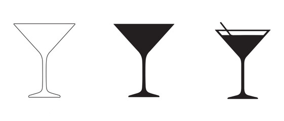 Martini Glass Icon Set. Outline, Solid, and Stirred Variants in Minimalist Black Design for Cocktail Graphics.