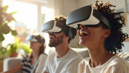 Friends playing with VR headsets at home — virtual reality gaming and immersive entertainment