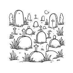 Eerie graveyard scene illustration featuring weathered tombstones beneath the moon casting eerie