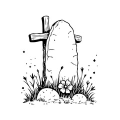 Eerie tombstone scene with a weathered wooden cross, surrounded by vegetation in grayscale