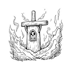 Eerie wooden structure engulfed in flames with a skull peeking through a window illustration of