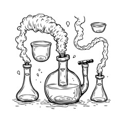 Elaborate illustration featuring complex glassware with ethereal wisps in a monochromatic style