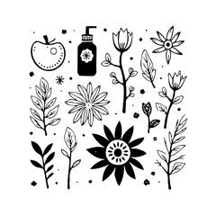 Elegant botanical elements, simple cosmetic bottle, minimalistic apple illustration for creative