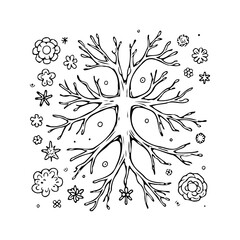 Elegant botanical illustration featuring a stylized bare tree surrounded by assorted floral