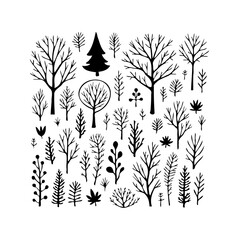 Elegant botanical illustration displaying bare trees and foliage in a minimalist style creating a