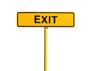 A bright yellow sign with the word "EXIT" displayed prominently, indicating a point of departure.