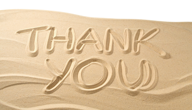 A simple "Thank You" is elegantly carved in sand, highlighting appreciation and gratitude against a clean, minimalist background.