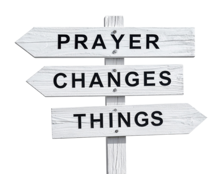 A wooden signpost with three directional arrows displaying the phrases "PRAYER," "CHANGES," and "THINGS" in bold letters.