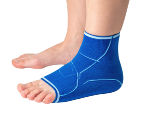 A blue ankle brace is fitted on a foot, providing support and stability to the ankle joint.