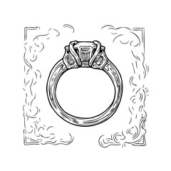 Elegant hand drawn engagement ring sketch with vintage frame ideal for celebration graphic