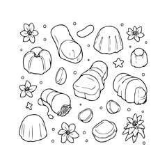 Elegant hand drawn sketch showcasing an assortment of sophisticated chocolate candies and delicate