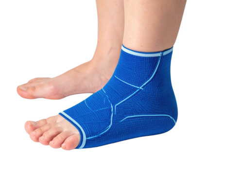 A blue ankle brace is fitted on a foot, providing support and stability to the ankle joint.