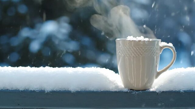 Warm mug of steaming coffee on a snow-covered ledge, with a soft focus background of winter trees, creating a cozy and inviting atmosphere