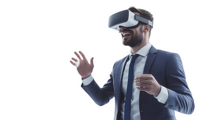 A man in a suit wearing a vr headset with his hands raised in front of  smiling on transparent background
