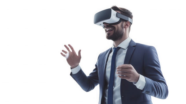 A man in a suit wearing a vr headset with his hands raised in front of smiling on transparent background - Powered by Adobe