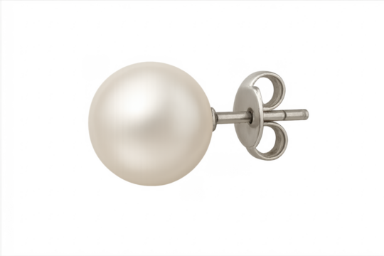 Pearl stud earring featuring silver backing on transparent background