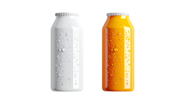 Set of Cold Aluminum Soda Drink Cans with Water Droplets, White and Yellow Isolated on White