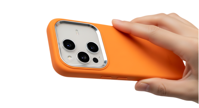 Hand holding an orange smartphone case showcasing its design and protection against a for product advertising and online retail display