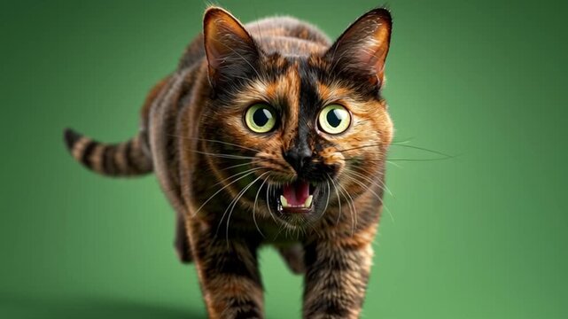 Close up view of a tortoiseshell cat with green eyes pouncing against a green background