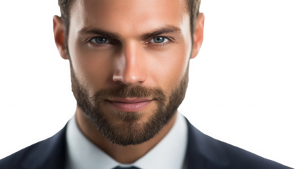 Close up portrait of a man with blue eyes wearing a suit and tie against  on transparent background