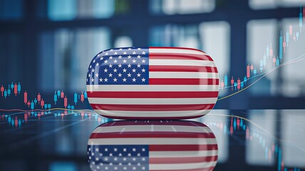 American flag capsule with financial chart background representing economy and healthcare