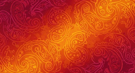 Warm watercolor paisley pattern red, orange, and yellow hues with textured details