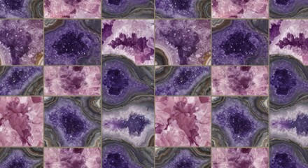 Intricate mosaic pattern of amethyst and rose quartz tiles