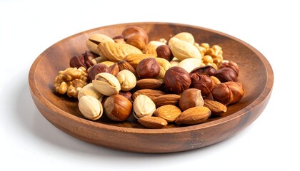 Assorted nuts on a wooden plate, ready to enjoy and savor