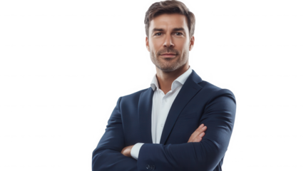 Portrait of a confident man in a suit standing with arms crossed against  looking forward on transparent background