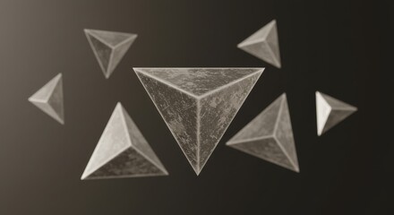 Abstract composition of grey tetrahedrons in dark space