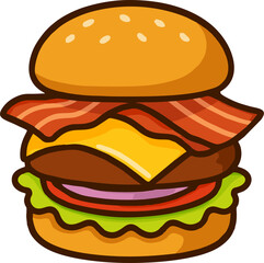 Bacon Cheeseburger Vector – Classic Burger with Cheddar Cheese, Bacon, Lettuce, Tomato, and Sesame Bun, Flat Cartoon Illustration