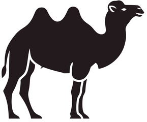 Flat vector camel silhouette with simple lines, plain white background.