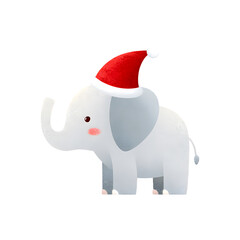 Fototapeta premium Cute watercolor elephant wearing Santa hat isolated on transparent background