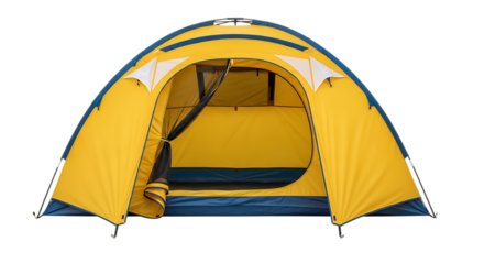 Bright yellow and blue camping tent perfect for outdoor adventures and family vacations offering shelter and protection