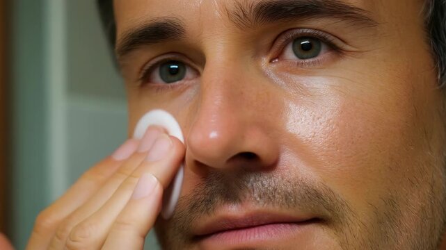 A man applying moisturizer to his face, focusing on the sensitive skin around his eyes.