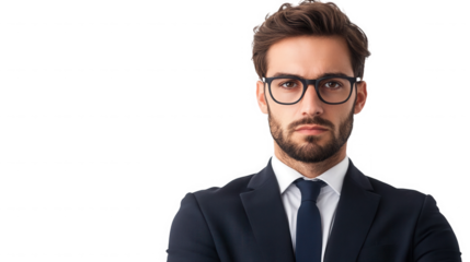 Portrait of a man with glasses wearing a suit and tie against  looking forward on transparent background