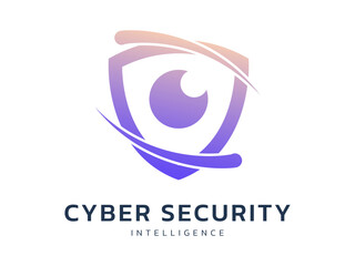 Cyber security intelligence with robot eye scanner data protection and overlapping network lines in shield symbols logo vector design concept. Abstract shield security icon logotype for ID ui, web.