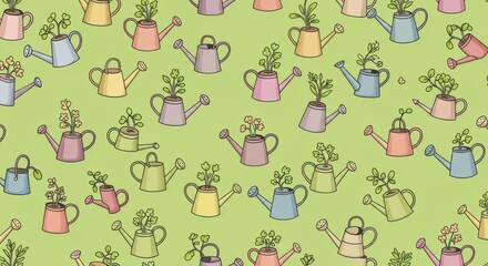 Colorful watering cans with plants pattern on a green background