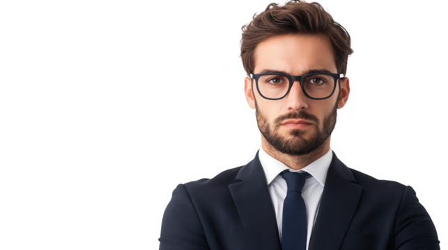 Portrait of a man with glasses wearing a suit and tie against  looking forward on transparent background