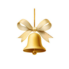 Watercolor golden bell with ribbon isolated on transparent background