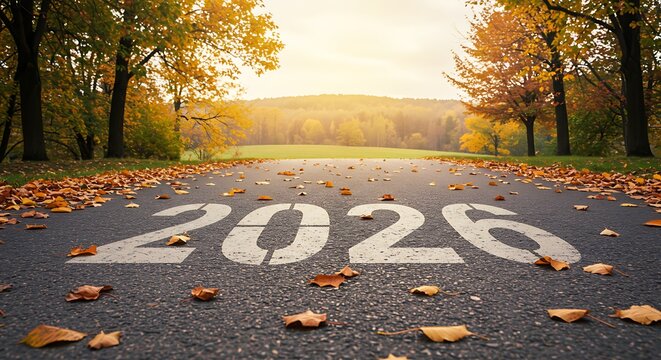 autumn forest road with 2026 number on asphalt representing new year, frest start, and journey into the future.