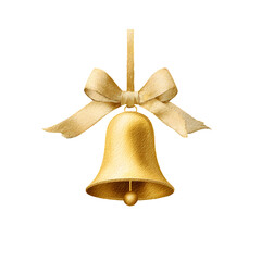 Watercolor golden bell with ribbon isolated on transparent background