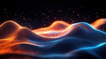 Abstract glowing waves with dynamic particles and vibrant orange and blue light flowing over a textured grid surface against a dark background, evoking futuristic energy