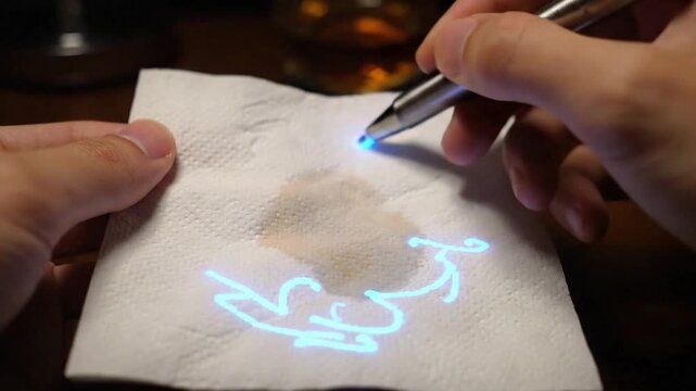 Close up of a hand meticulously writing a note on a textured napkin with a sleek pen, capturing a moment of thoughtful creation.