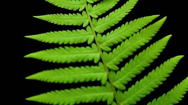 Vibrant green fern frond displays intricate, detailed leaf segments against a dark background.