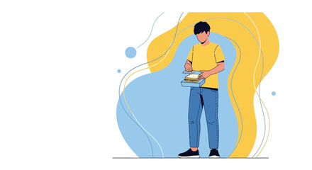 Fototapeta premium Man in casual clothes opening a sandwich box with a colorful abstract background
